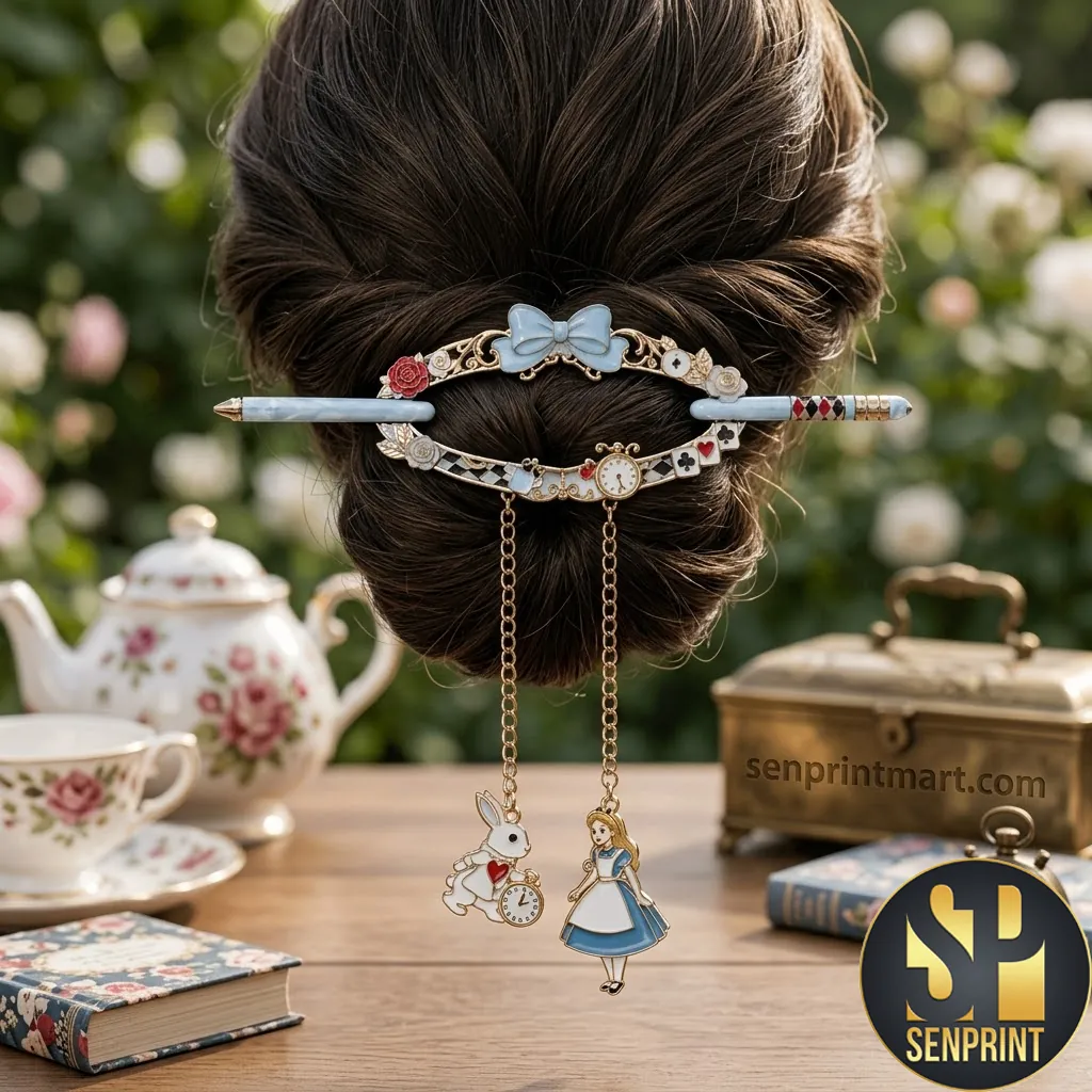 Alice in Wonderland Whimsical Vintage Enamel Dangle Hair Slide