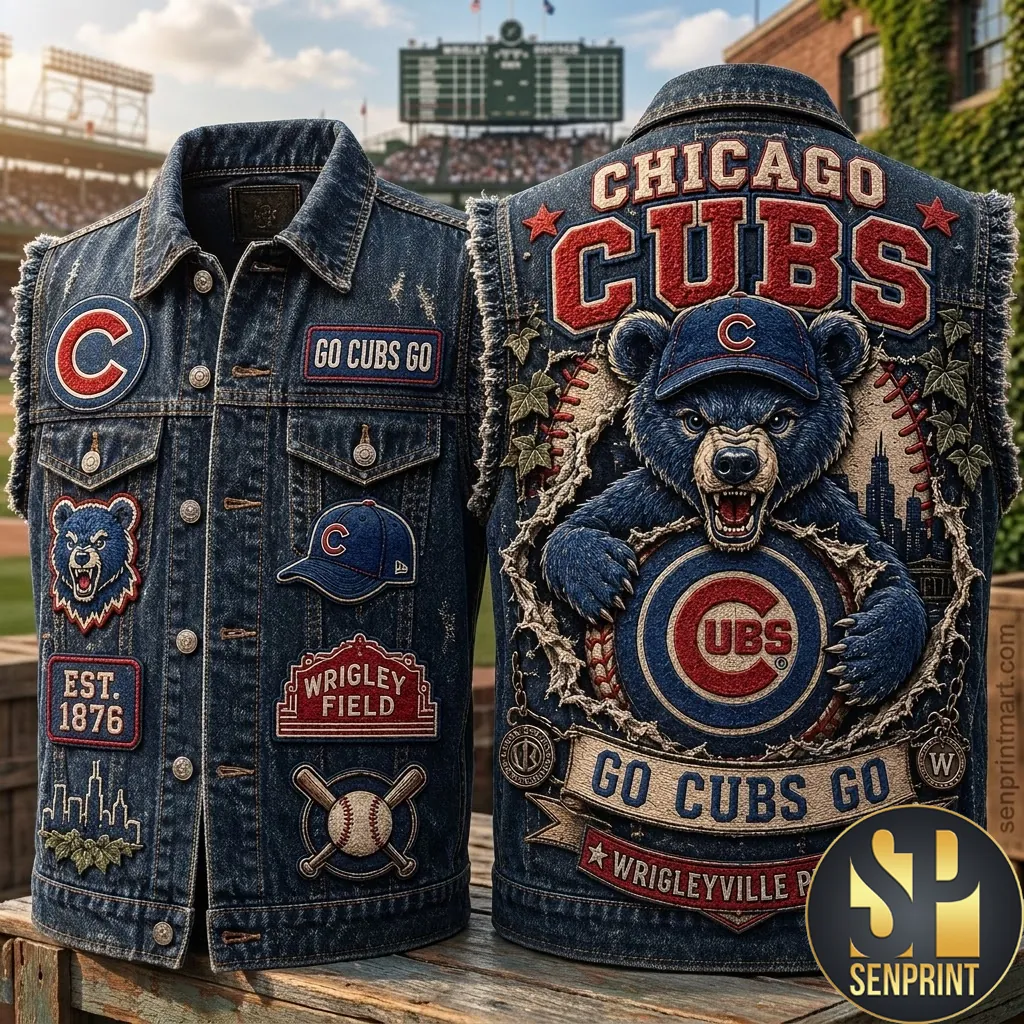 Chicago Cubs Go Cubs Go Vintage Embroidered Patches Distressed Denim Vest