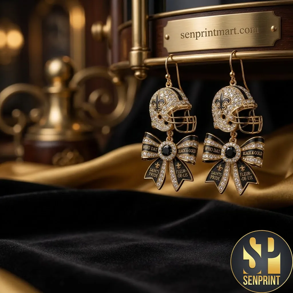 New Orleans Saints Who Dat Black and Gold Bow Helmet Dangle Earrings