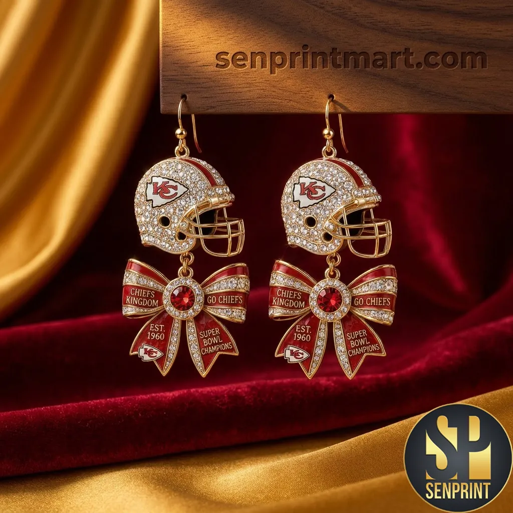 Kansas City Chiefs Kingdom Rhinestone Helmet Bow Drop Earrings