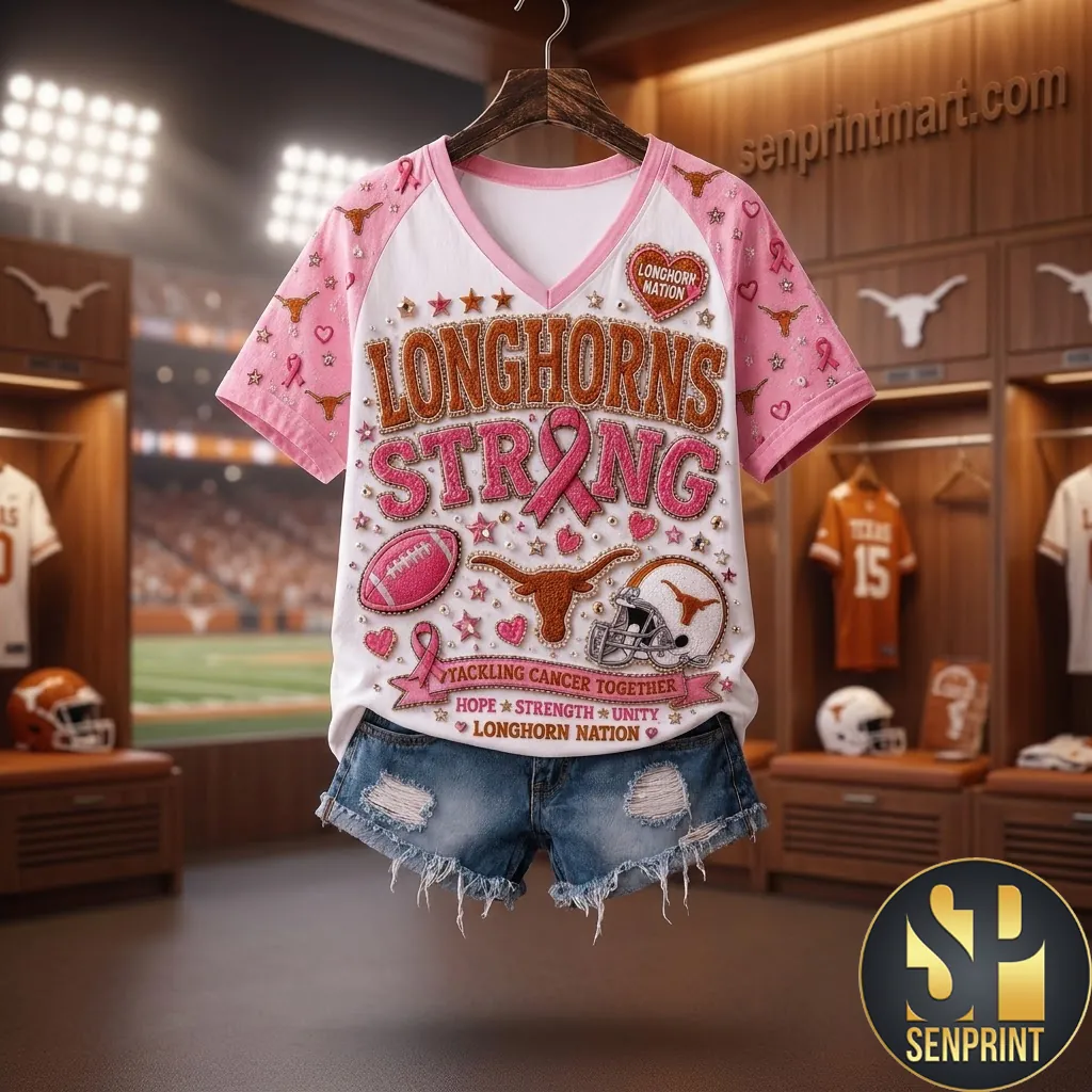 Texas Longhorns Strong Breast Cancer Awareness 3D Embossed V-Neck T-Shirt