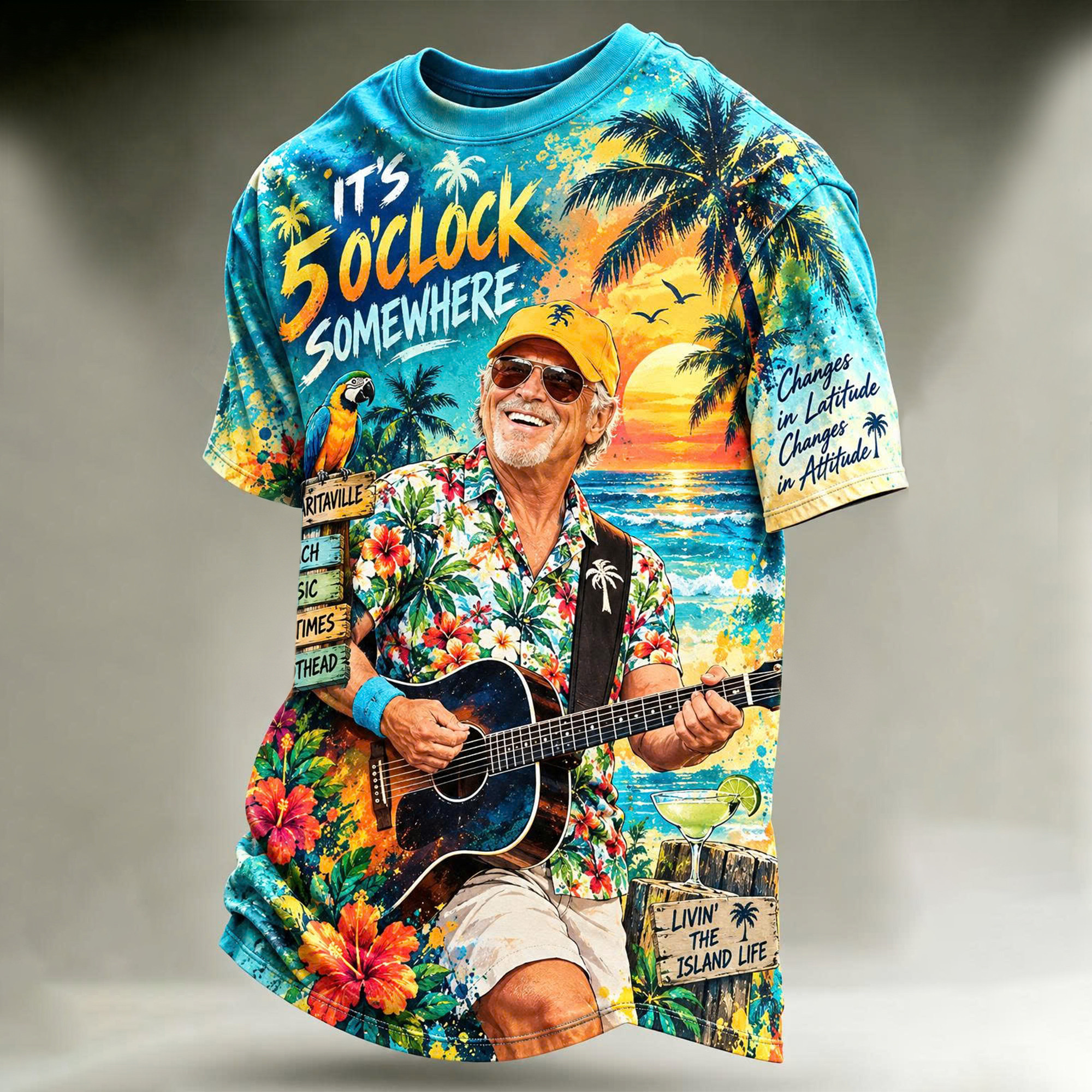Jimmy Buffett Tribute It’s 5 O’Clock Somewhere Margaritaville Tropical Island Life 3D Graphic T-Shirt