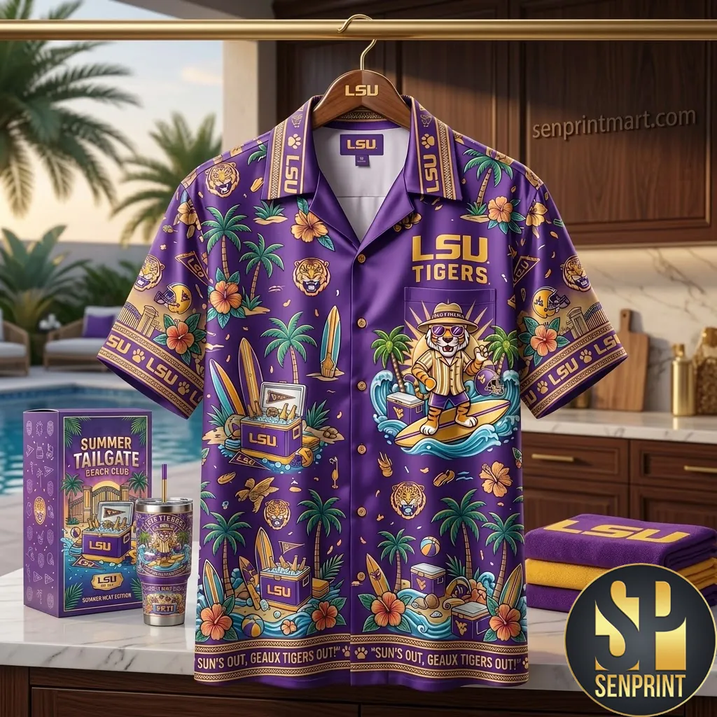 LSU Tigers Summer Tailgate Beach Club Tropical Purple Hawaiian Shirt