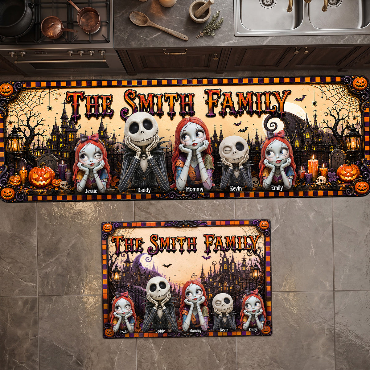 Spooky Halloween Jack and Sally Inspired Personalized Family Name Gothic Runner Rug