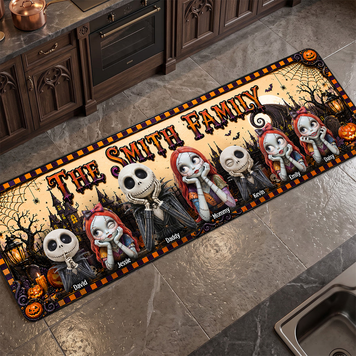 Spooky Halloween Jack and Sally Inspired Personalized Family Name Gothic Runner Rug Spooky Halloween Jack and Sally Inspired Personalized Family Name Gothic Runner Rug