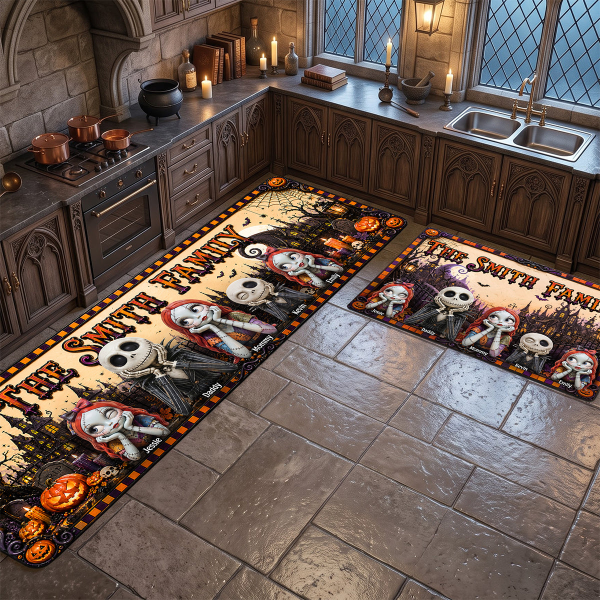 Spooky Halloween Jack and Sally Inspired Personalized Family Name Gothic Runner Rug Spooky Halloween Jack and Sally Inspired Personalized Family Name Gothic Runner Rug