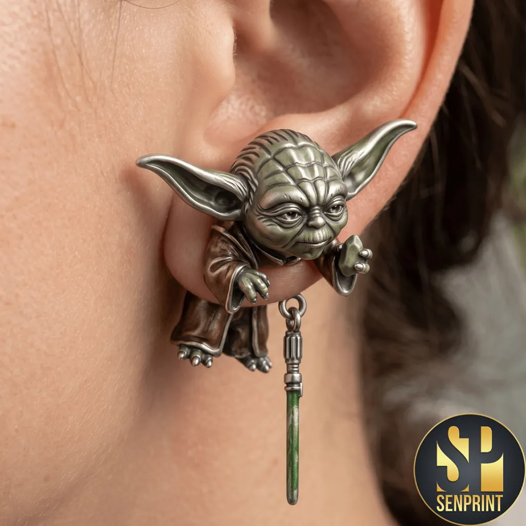 Star Wars Yoda 3D Antique Silver Lightsaber Dangle Earrings