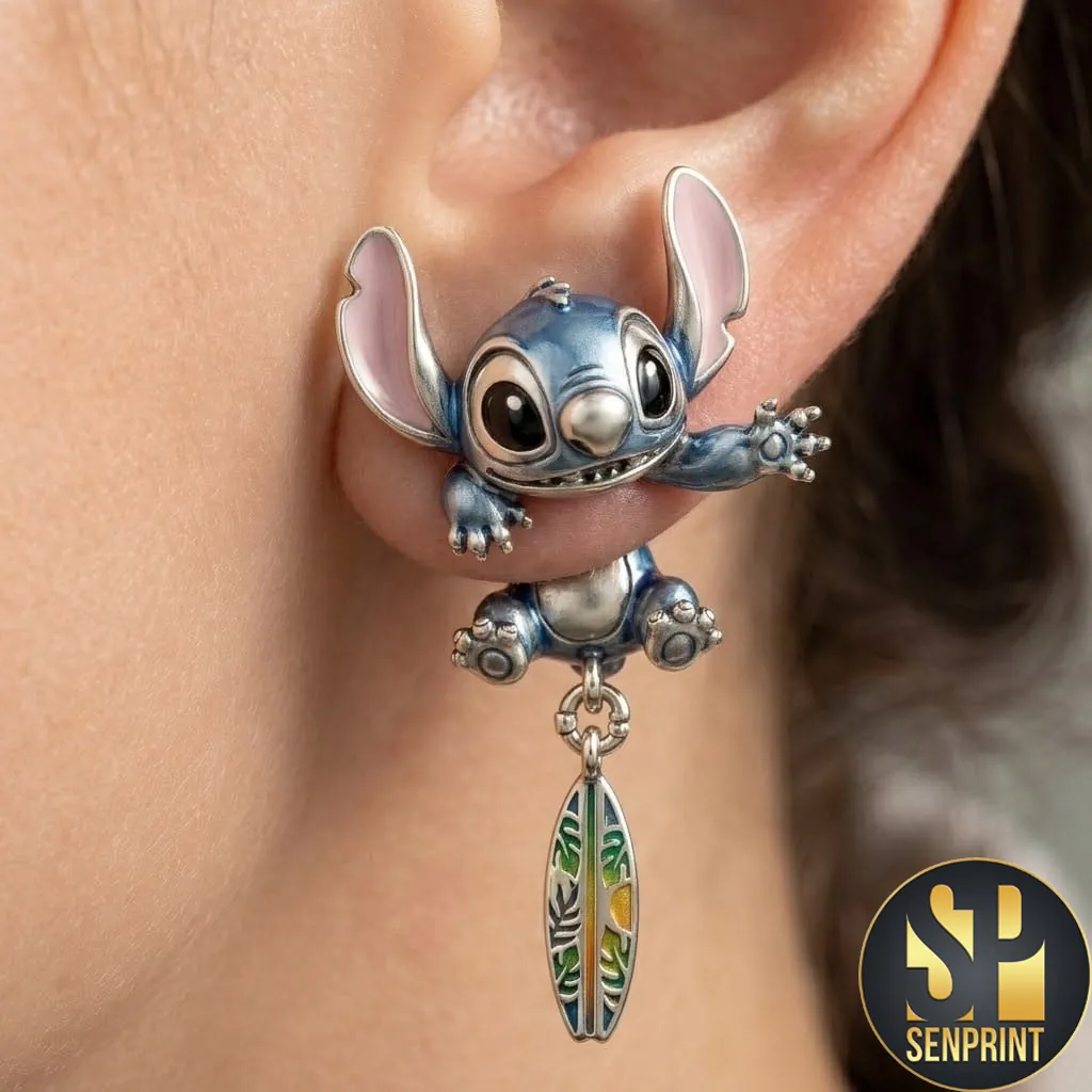 Cute Cartoon Stitch 3D Silver Enamel Surfboard Dangle Earrings