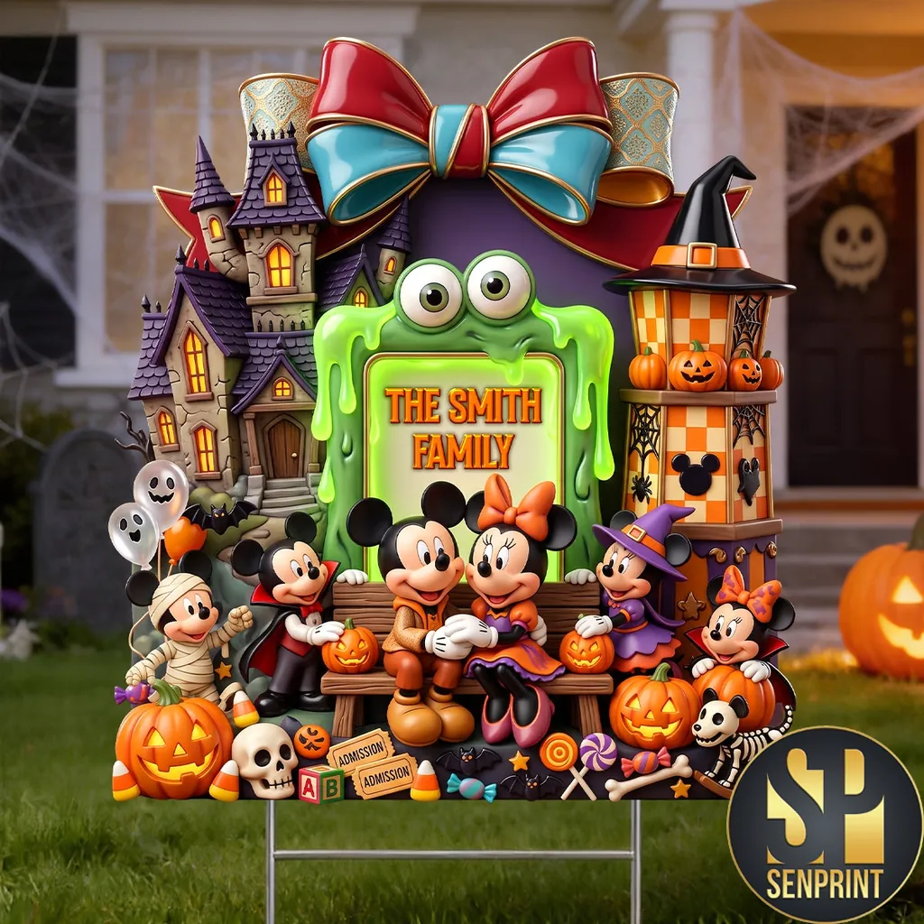 Personalized Mickey and Minnie Halloween Spooky Haunted House Custom Family Yard Sign