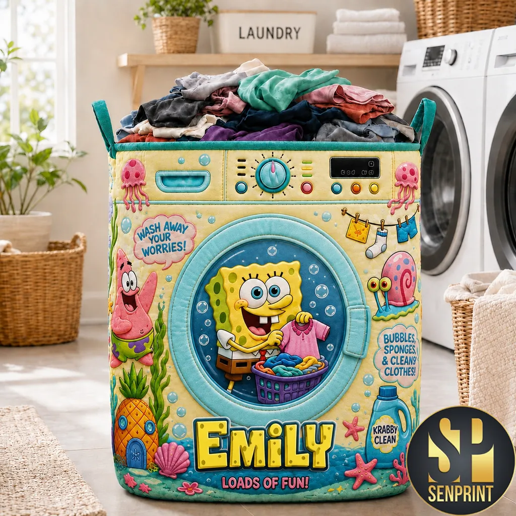 Personalized SpongeBob Krabby Clean Cartoon Quilted Laundry Basket