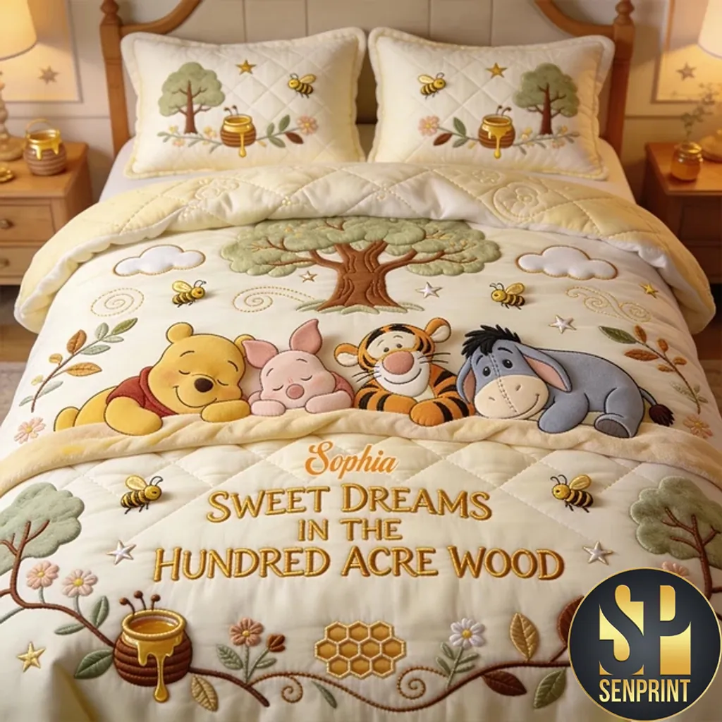 Personalized Sweet Dreams in the Hundred Acre Wood Quilted Bedding Set