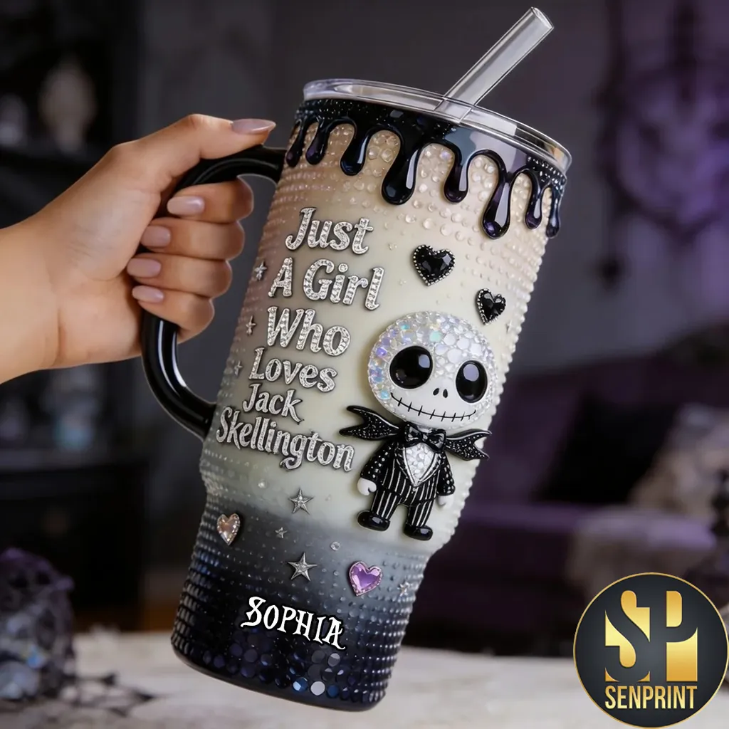Just A Girl Who Loves Jack Skellington Personalized Rhinestone Tumbler with Handle