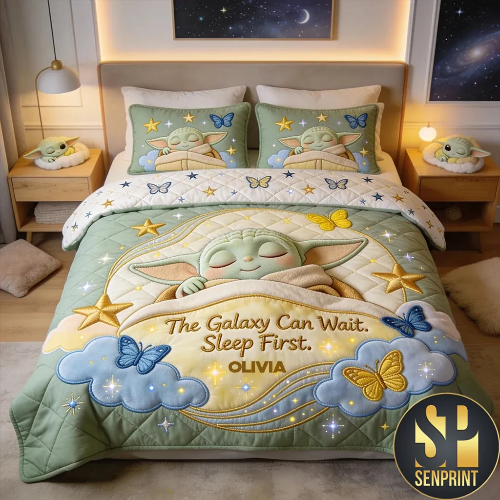 Personalized Baby Yoda The Galaxy Can Wait Sleep First Quilt Bedding Set