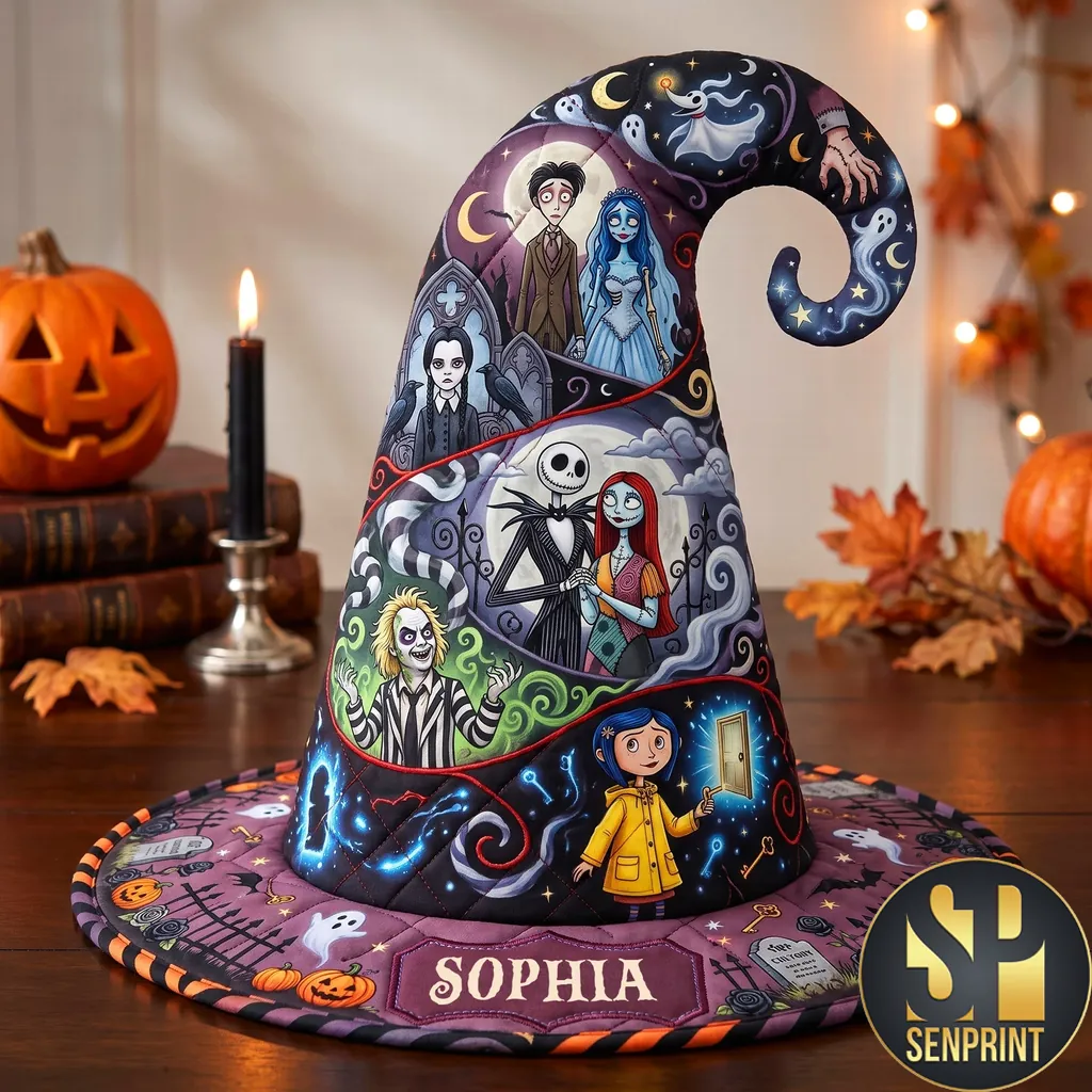 Personalized Spooky Cartoon Characters Quilted Halloween Witch Hat