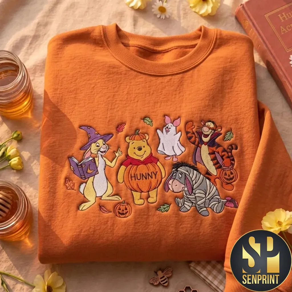 Retro Winnie the Pooh and Friends Embroidered Halloween Sweatshirt