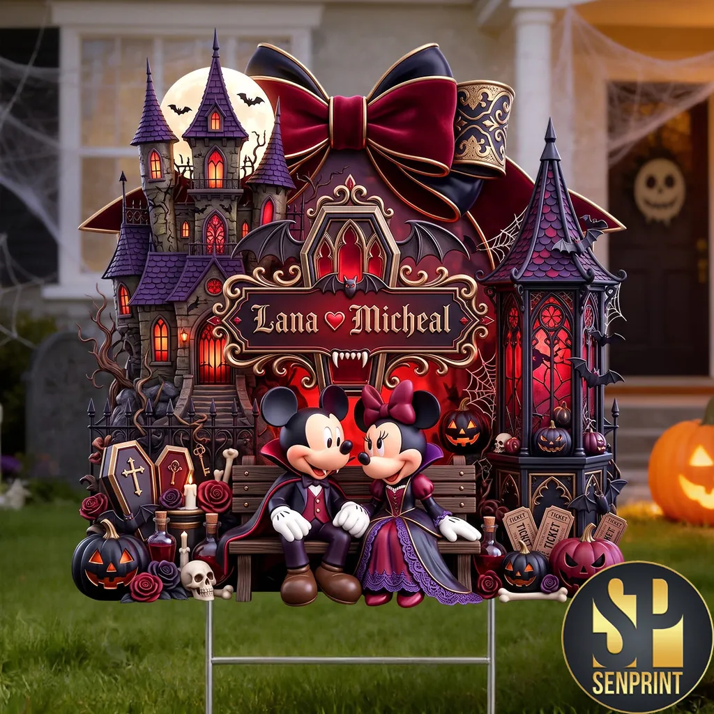 Personalized Mickey and Minnie Vampire Gothic Halloween Haunted Castle Yard Sign
