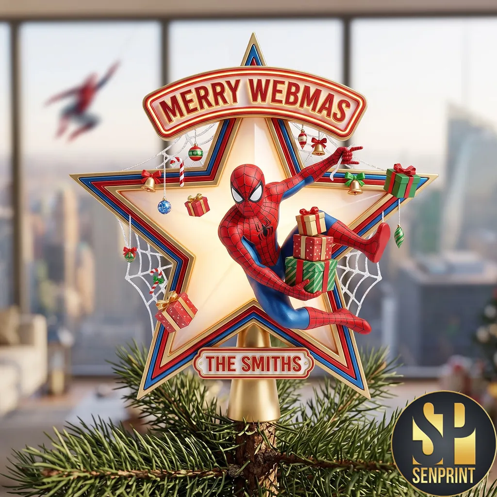 Spider-Man Merry Webmas Personalized Family Name Star Christmas Tree Topper