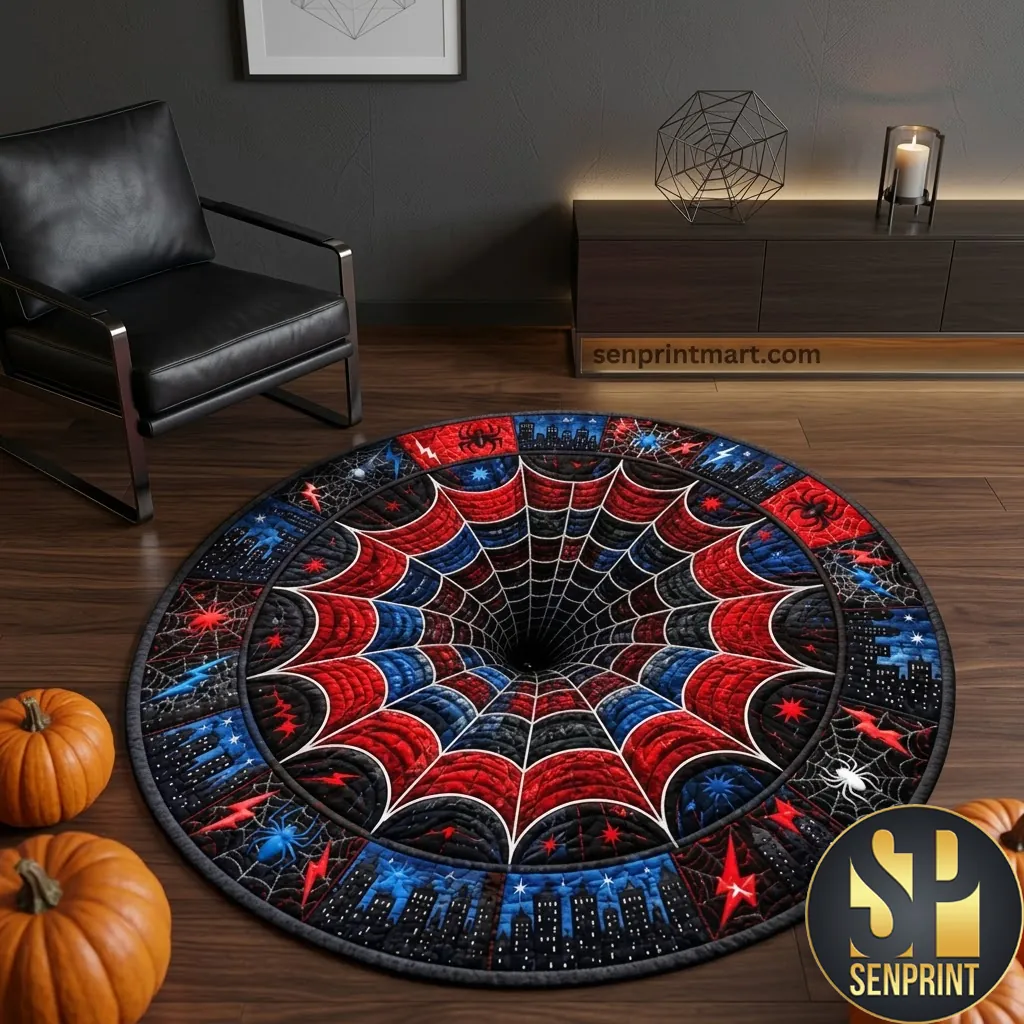 Superhero Spiderweb 3D Vortex Illusion Quilted Round Mat