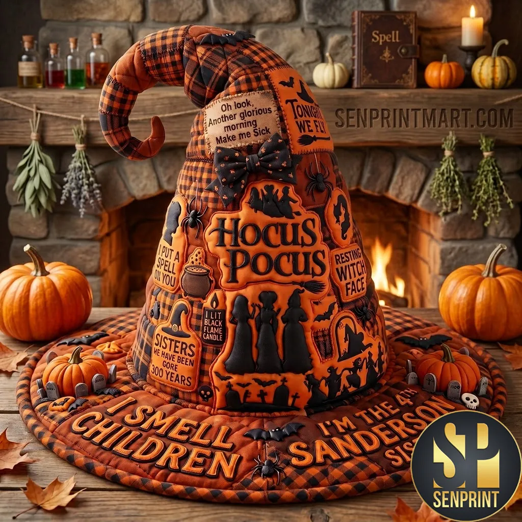 Hocus Pocus Sanderson Sisters I Smell Children Halloween Patchwork Quilted Witch Hat