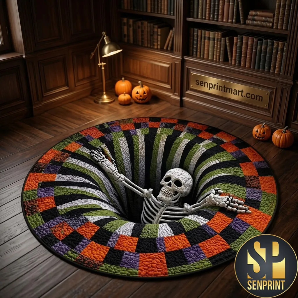 Halloween 3D Skeleton Optical Illusion Quilted Round Mat