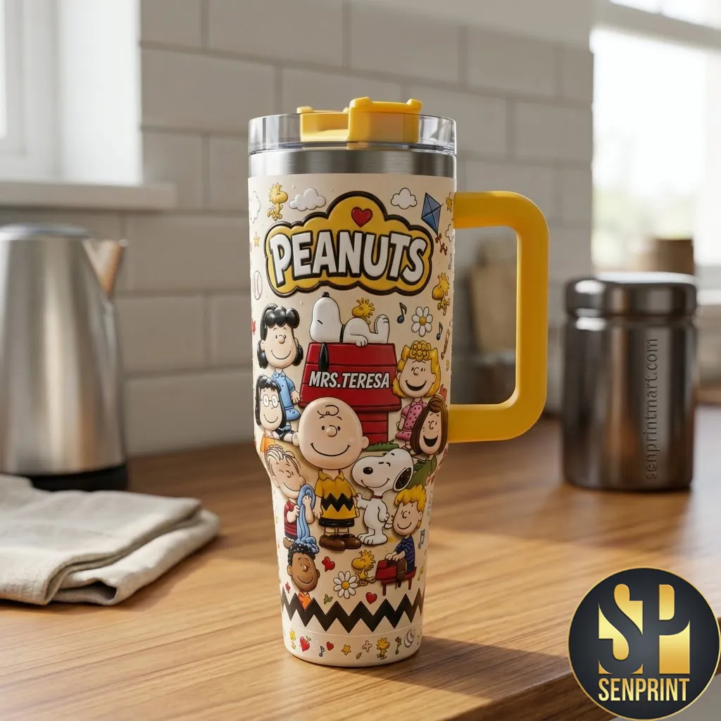Personalized Peanuts Snoopy and Friends 3D Effect Travel Tumbler with Handle