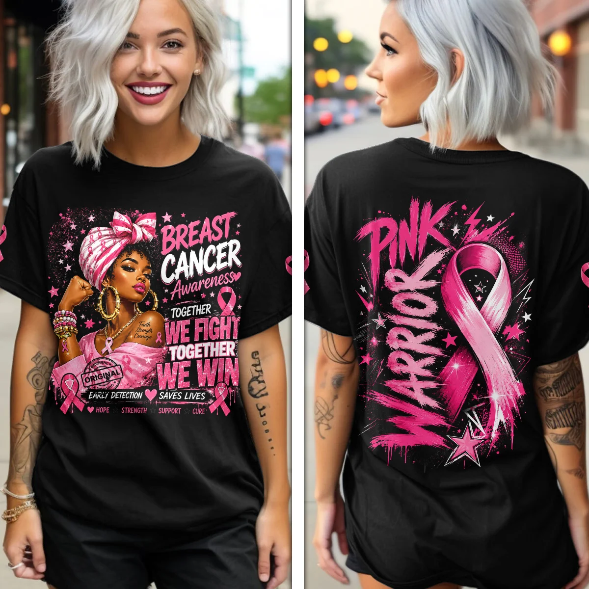 Black Woman Breast Cancer Awareness Pink Ribbon Pink Warrior Graphic T-Shirt