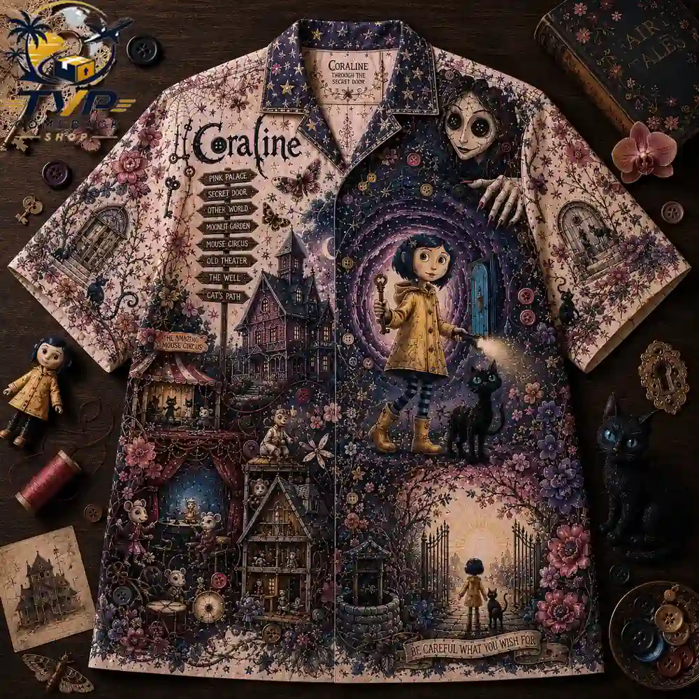 Coraline Through The Secret Door Spooky Gothic Vintage Button Down Hawaiian Shirt