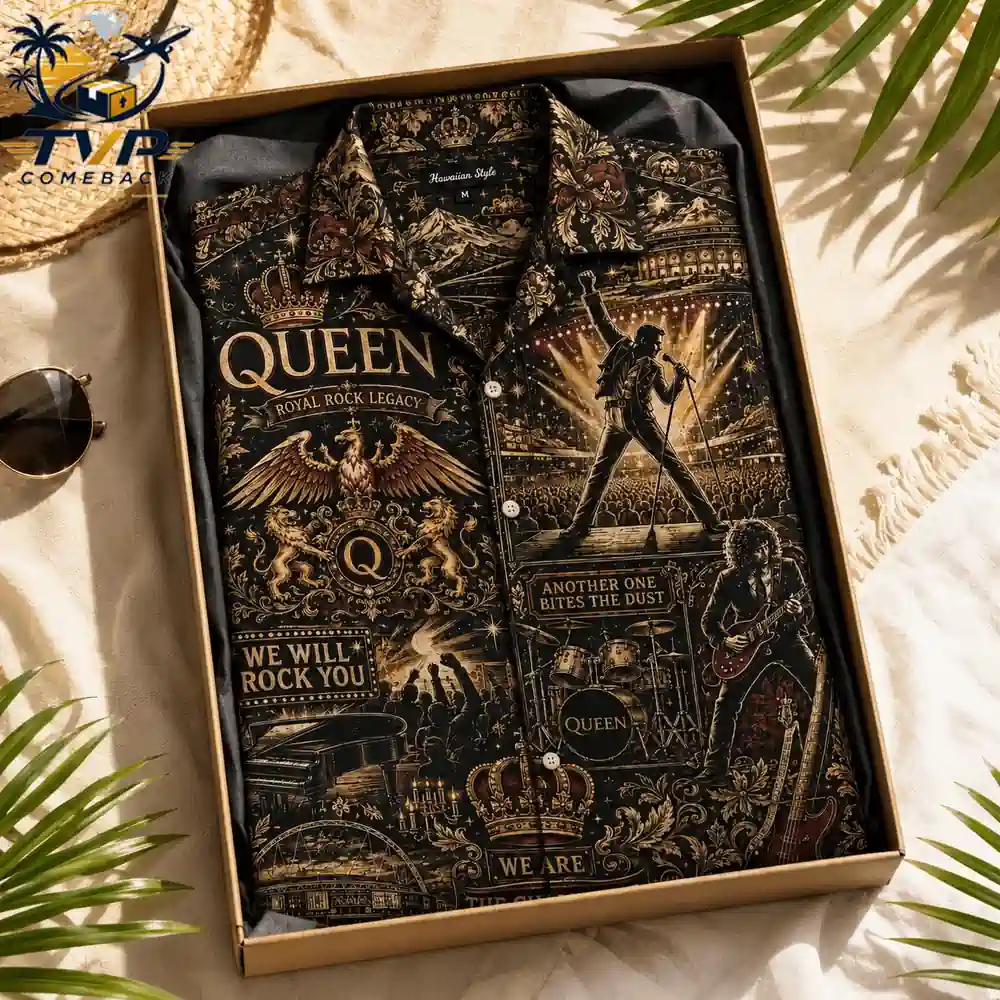 Queen Freddie Mercury Royal Rock Legacy Vintage Black and Gold Graphic Hawaiian Shirt