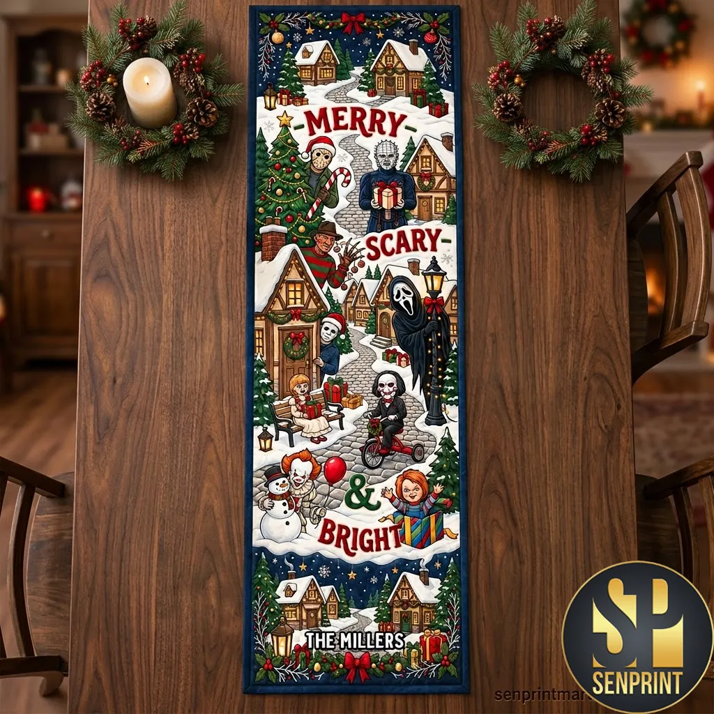 Merry Scary and Bright Personalized Horror Christmas Quilted Table Runner