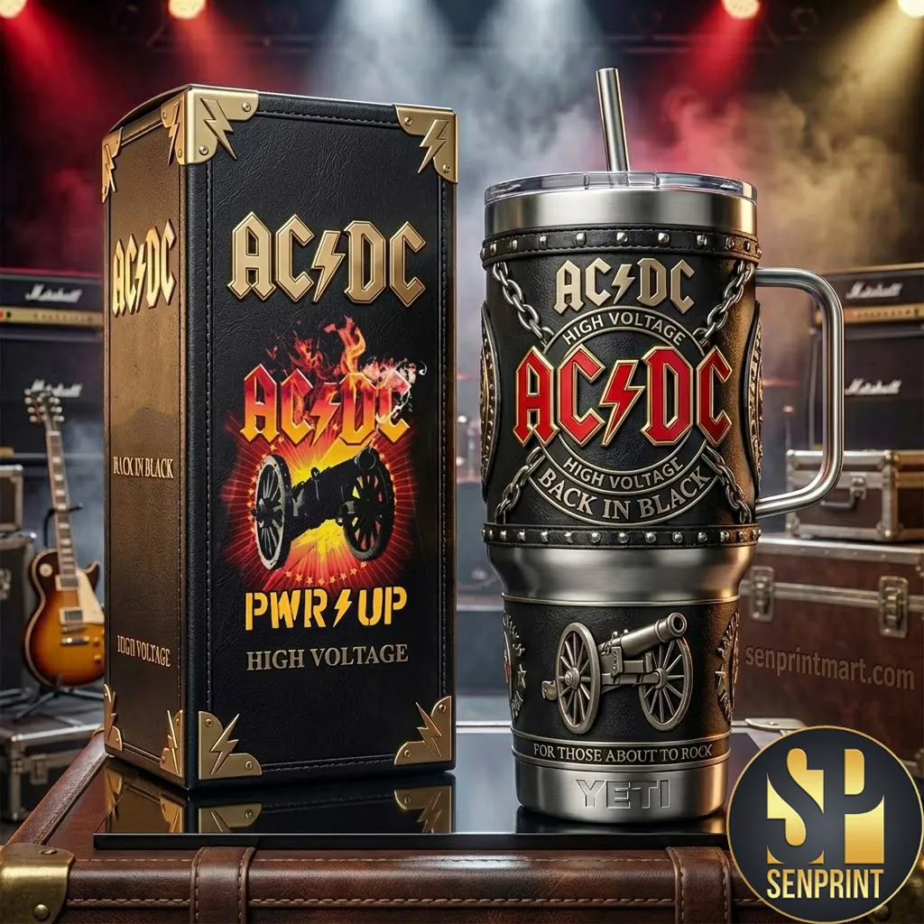 AC/DC Back in Black High Voltage Premium Embossed Stainless Steel Handle Tumbler