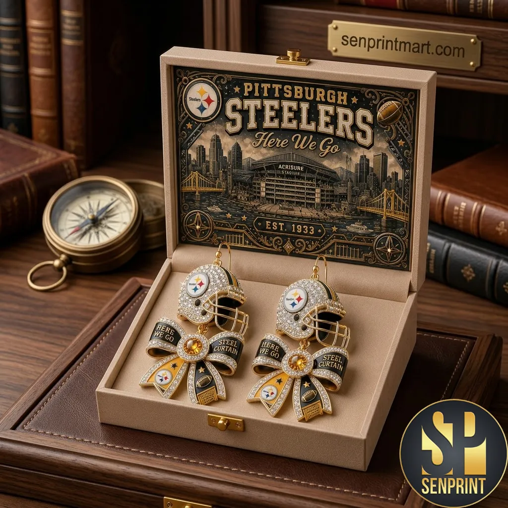 Pittsburgh Steelers Steel Curtain Rhinestone Helmet Dangle Earrings