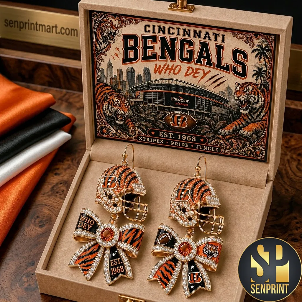 Cincinnati Bengals Who Dey Crystal Helmet and Bow Dangle Earrings