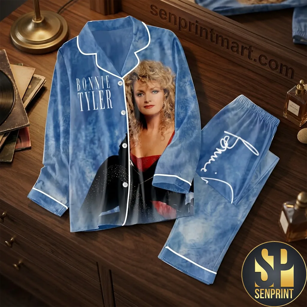 Bonnie Tyler Vintage Portrait Blue Satin Pajama Set