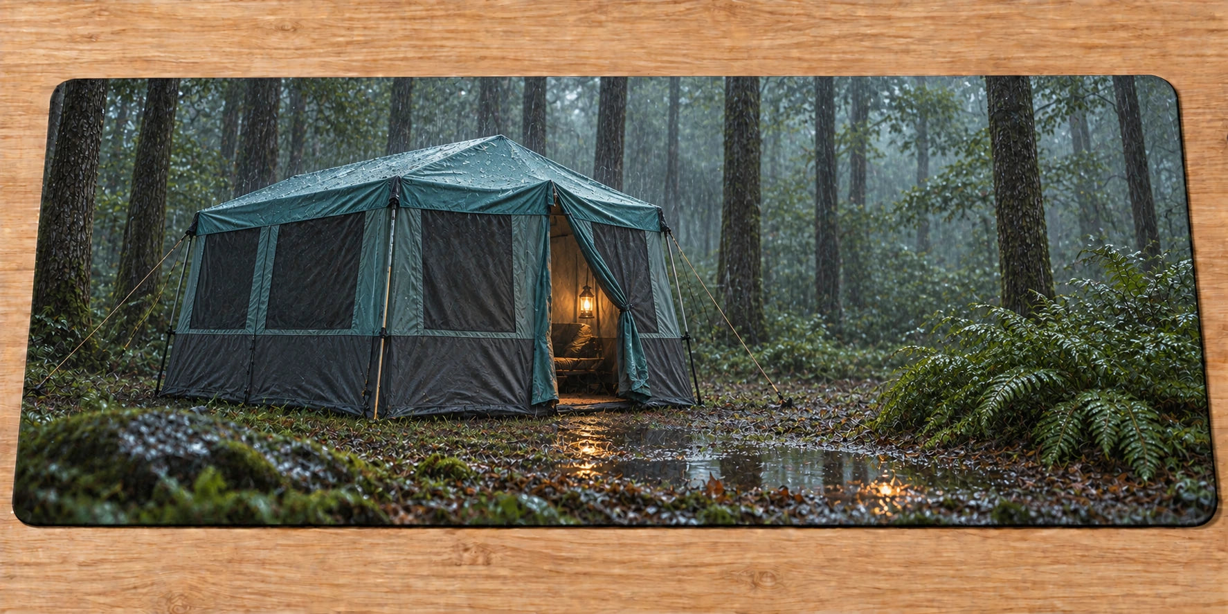Cozy Rainy Forest Cabin Tent Camping Aesthetic Nature Landscape Desk Mat