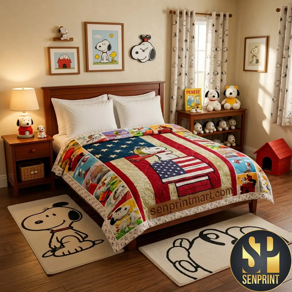 Snoopy Patriotic American Flag Vintage Comic Quilt Blanket