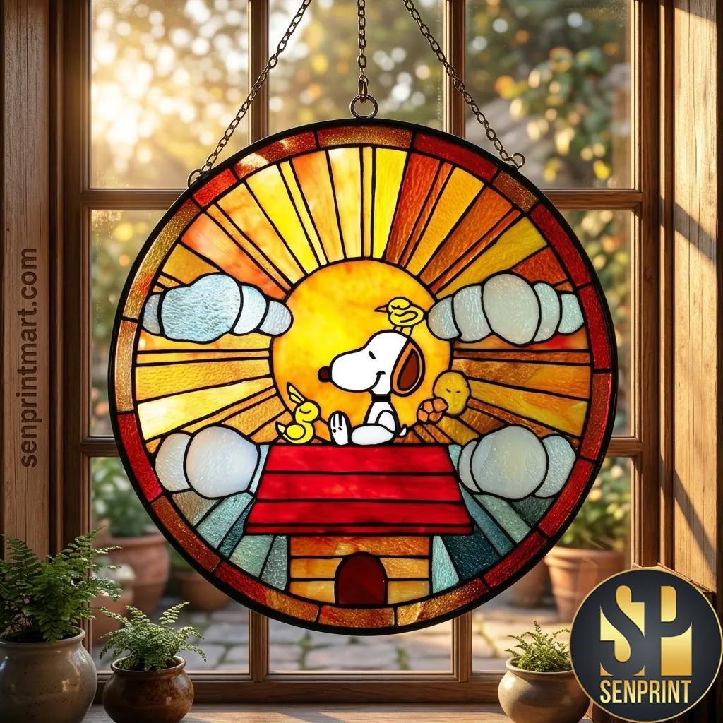 Snoopy and Woodstock Stained Glass Window Hanging Suncatcher