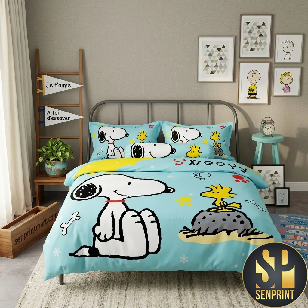 Snoopy and Woodstock Cartoon Character Kids Bedding Set