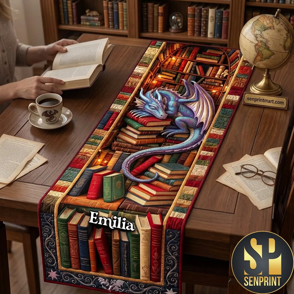 Personalized Emilia Mystical Dragon Library Bookshelf Quilted Table Runner