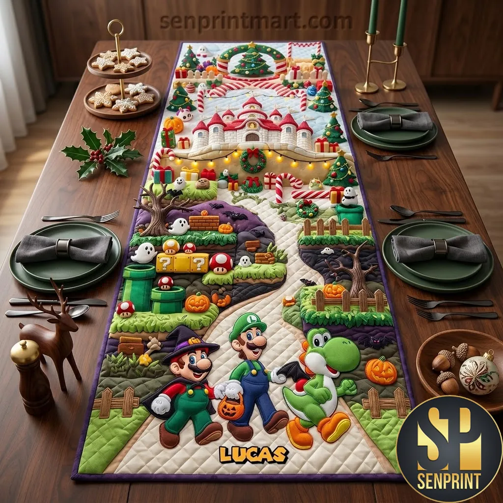 Personalized Mario Holiday Village Quilted Table Runner