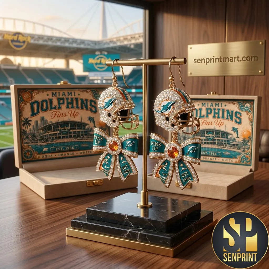 Miami Dolphins Fins Up Crystal Helmet and Bow Dangle Earrings