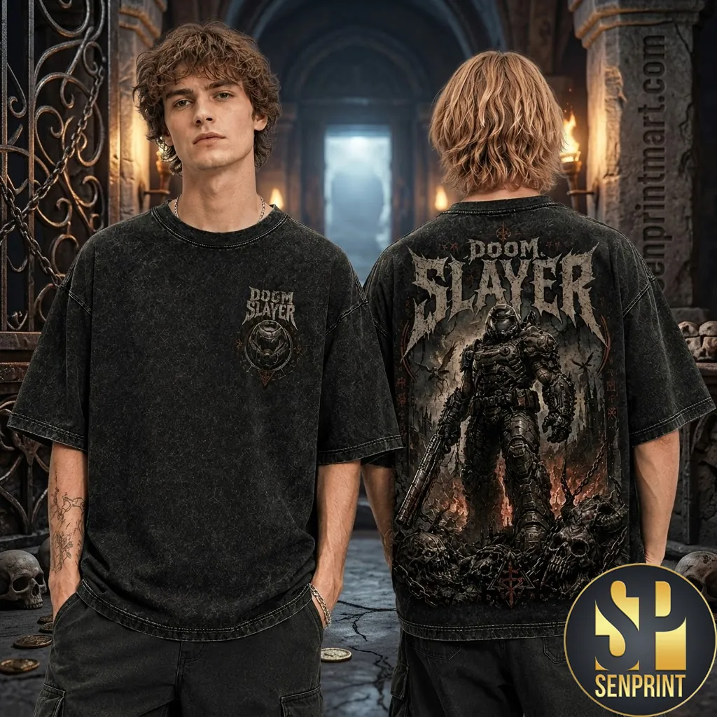 Doom Slayer Graphic Print Vintage Wash Oversized T-Shirt