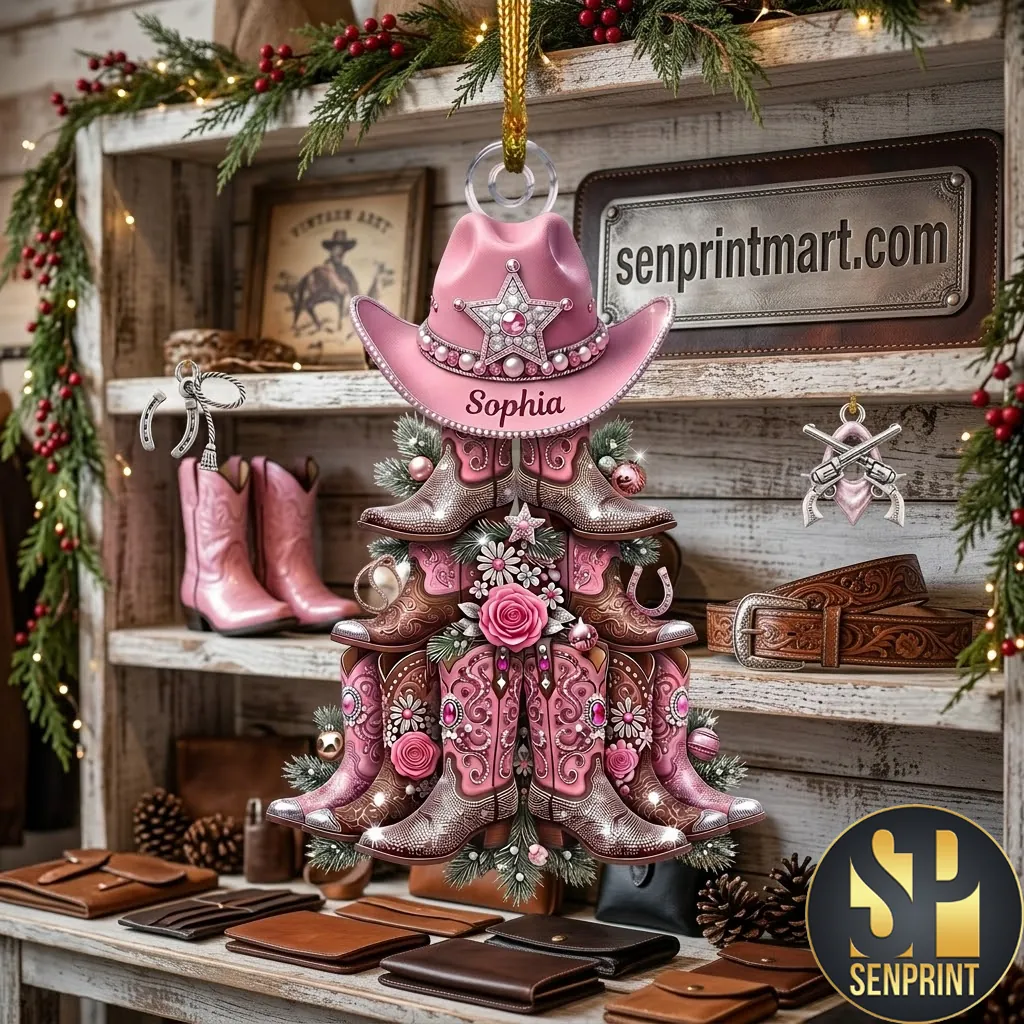 Personalized Pink Cowgirl Boots Western Christmas Tree Ornament