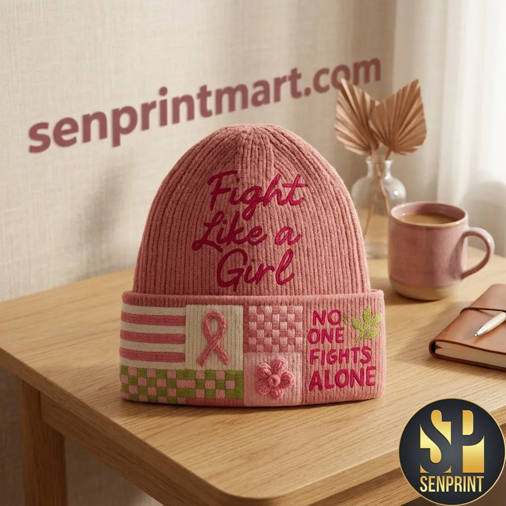 Fight Like a Girl Breast Cancer Awareness Pink Ribbed Knit Beanie Hat
