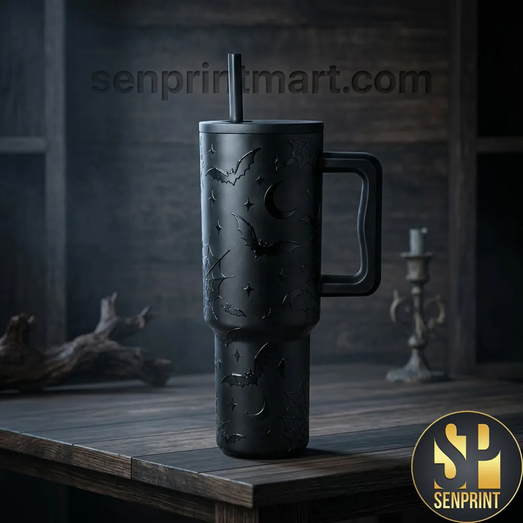 Gothic Halloween Bats and Spiderwebs Embossed Matte Black 40oz Tumbler