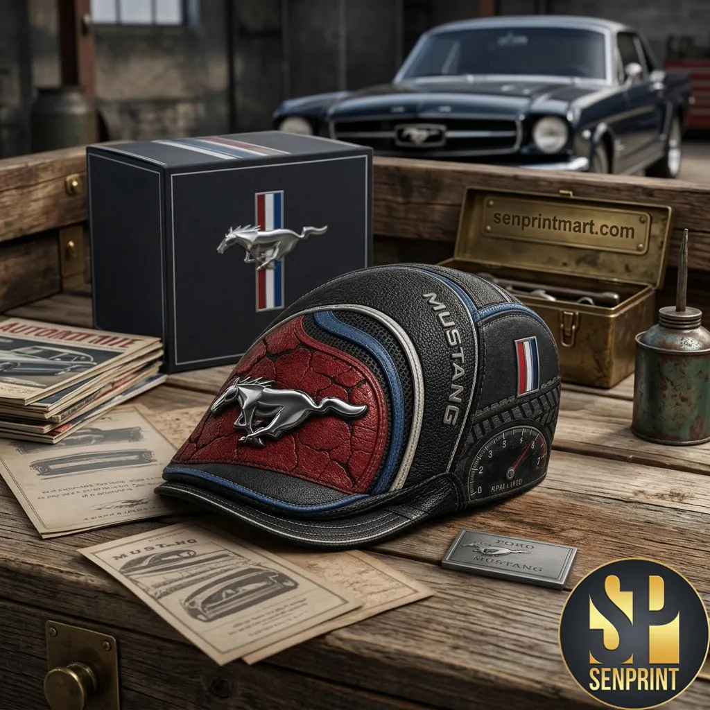 Ford Mustang Premium Leather Embroidered Flat Cap