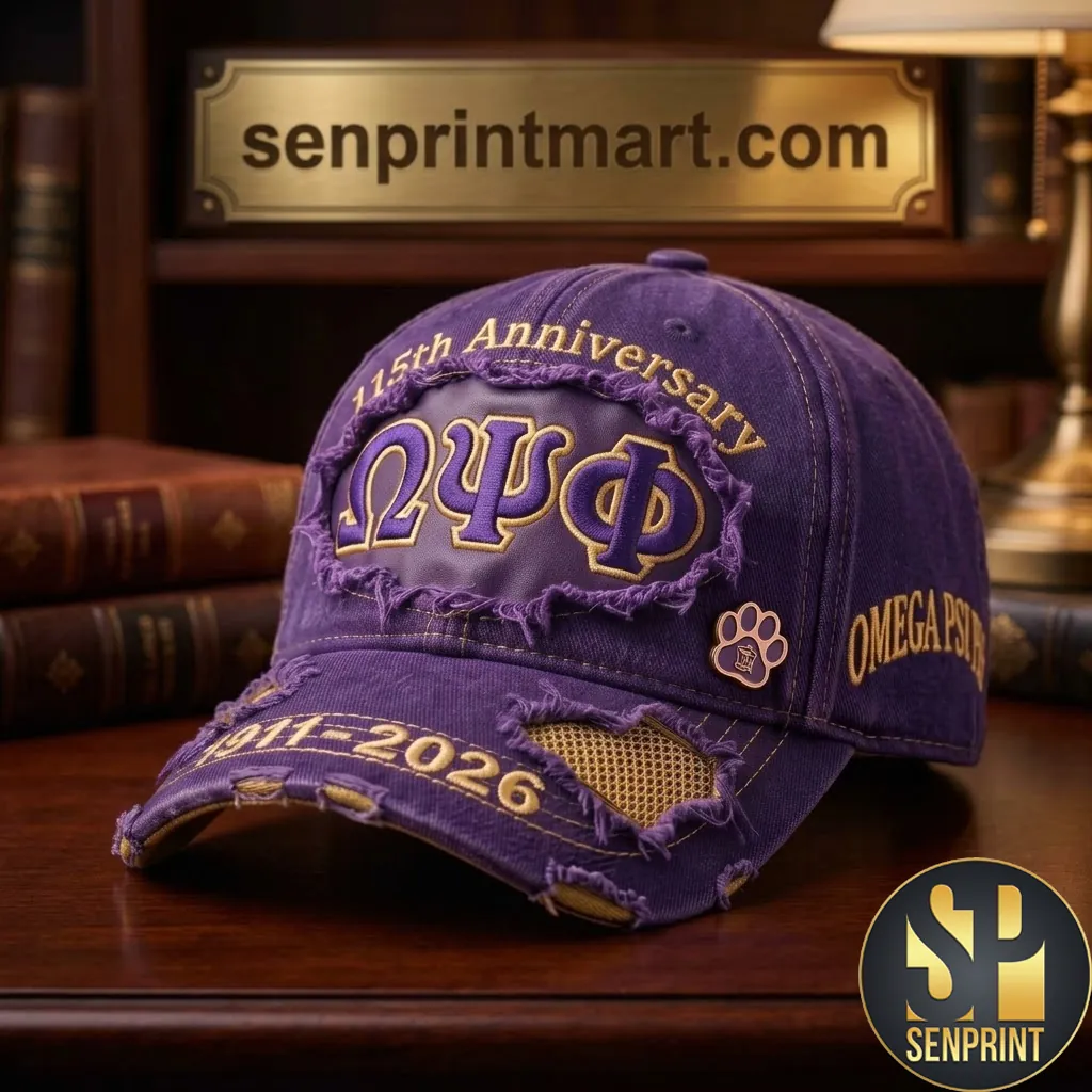 Omega Psi Phi 115th Anniversary Distressed Embroidered Cap