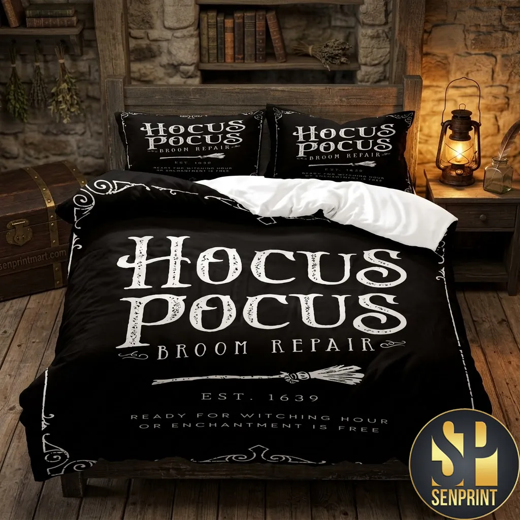 Hocus Pocus Broom Repair Halloween Themed Bedding Set