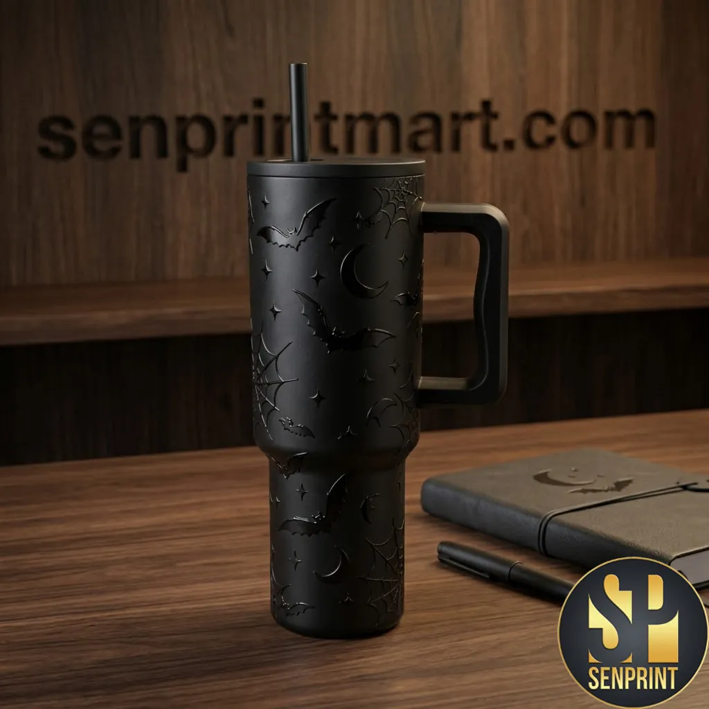 Matte Black Halloween Bat and Spiderweb 40oz Insulated Tumbler