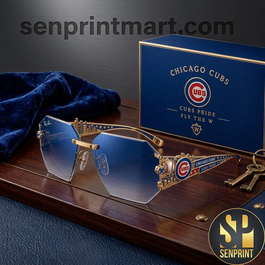 Chicago Cubs Fly The W Premium Gold Rimless Blue Lens Sunglasses