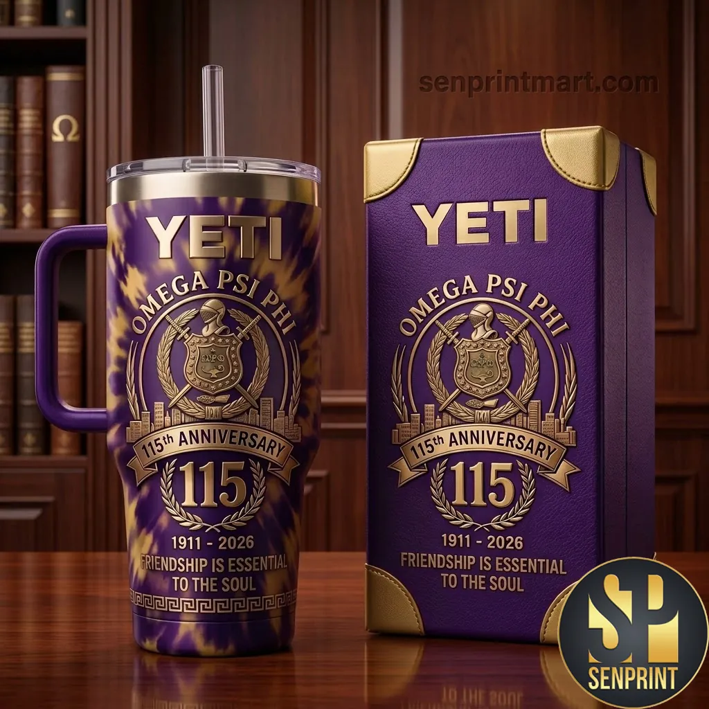 Omega Psi Phi 115th Anniversary Friendship Is Essential Purple Gold Handle Tumbler